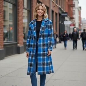 NWT Aqua by Bloomingdales Women’s Blue Plaid Duster Trench Coat Winter Warm Chic